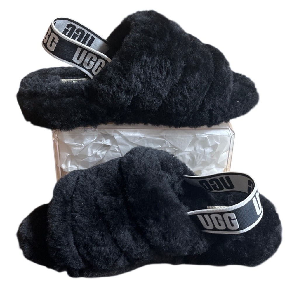 UGG Fluff Yeah Slide Black Sheepskin Slingback Platform Slippers Womens 8 NWOB